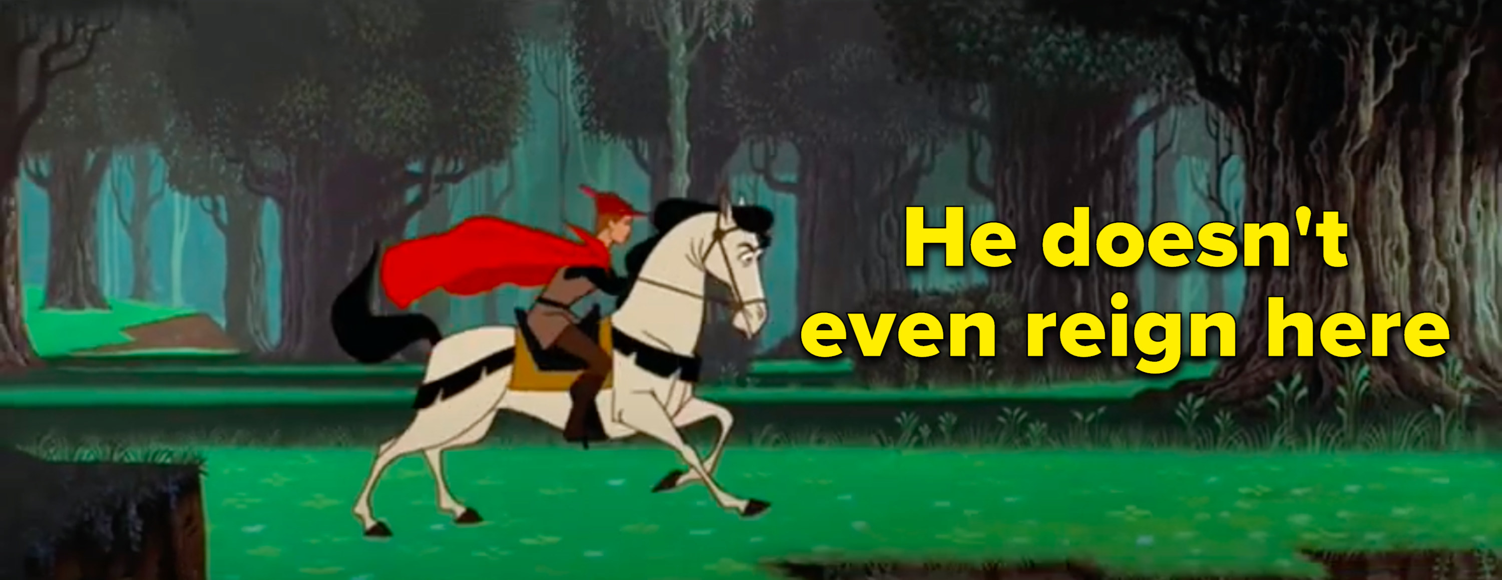 &quot;He doesn&#x27;t even reign here&quot; written next to Prince Phillip riding a horse in the forest