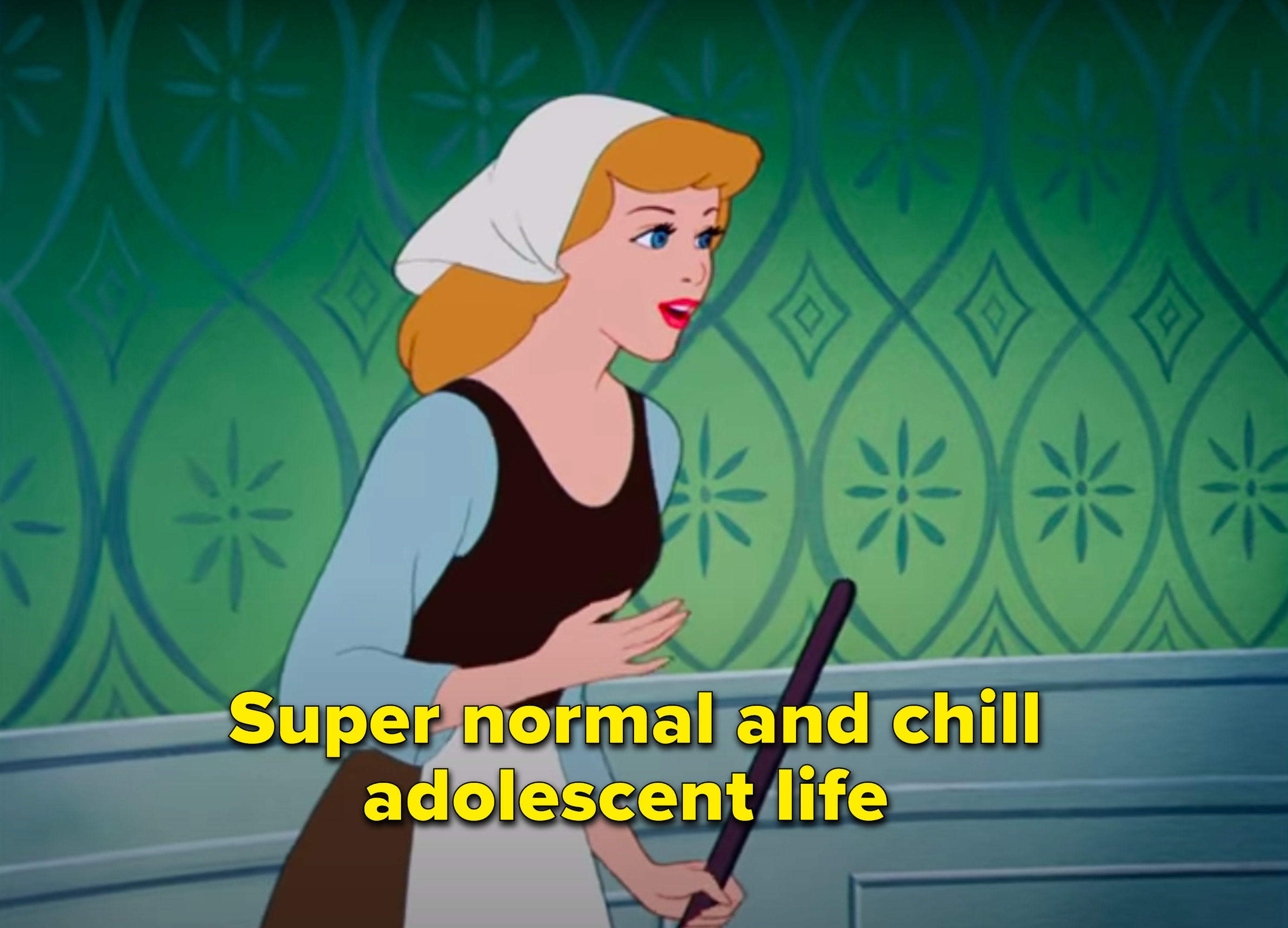 A picture of Cinderella holding a broom with &quot;Super normal and chill adolescent life&quot; written over her
