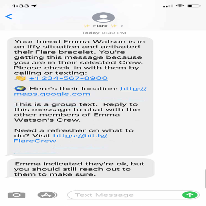 example text message sent by the flare bracelet