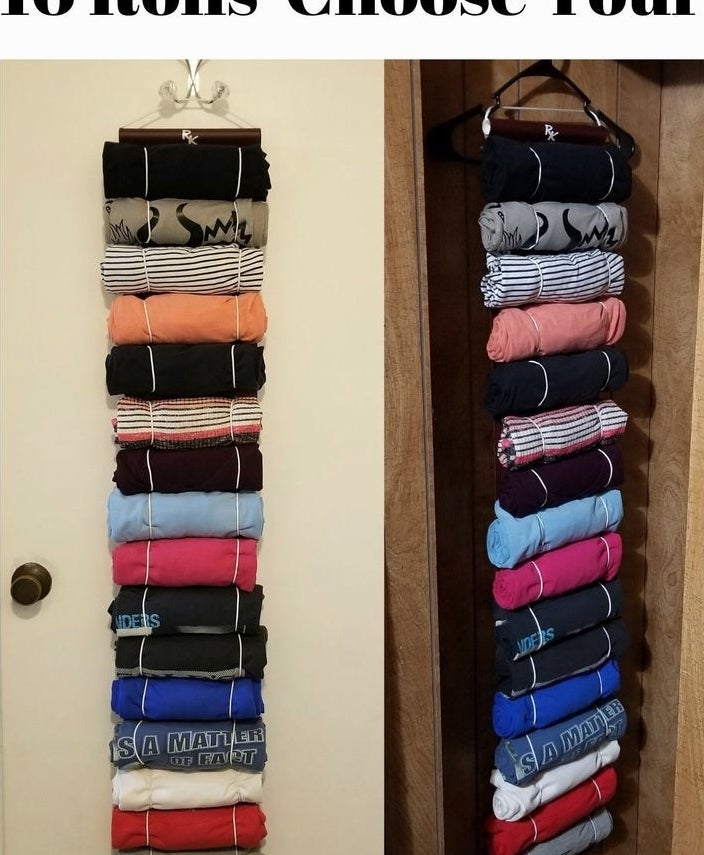 The organizer holding 16 T-shirts while hanging in a closet