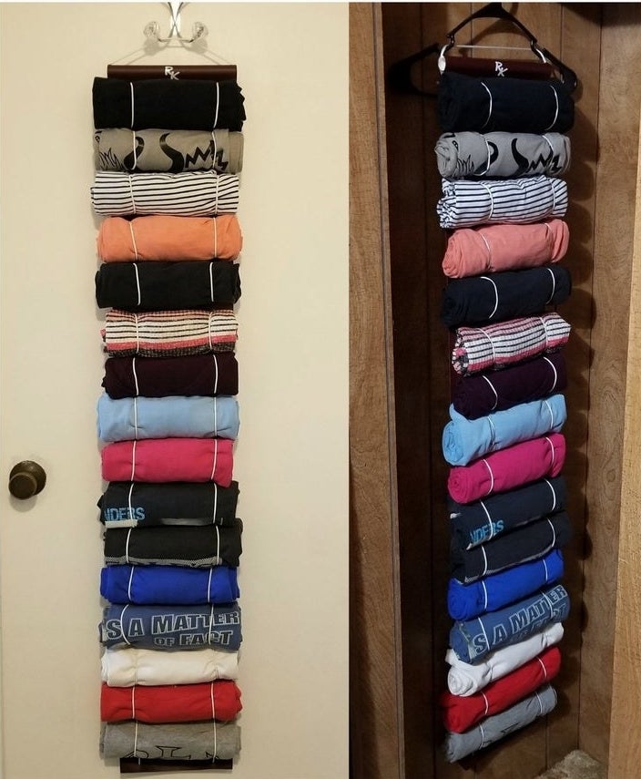 The organizer holding 16 T-shirts while hanging in a closet