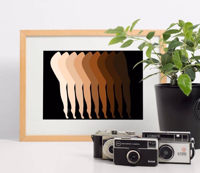 A minimalist drawing of legs layered over each other in different skin tones 