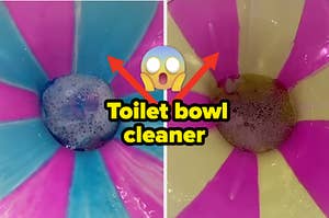 Colorful toilet bowl cleaner poured in a stripe pattern.