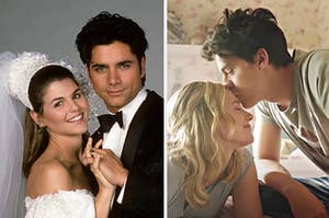 Becky and Jesse of "Full House" are on the left getting married with Jughead and Betty of "Riverdale" kissing