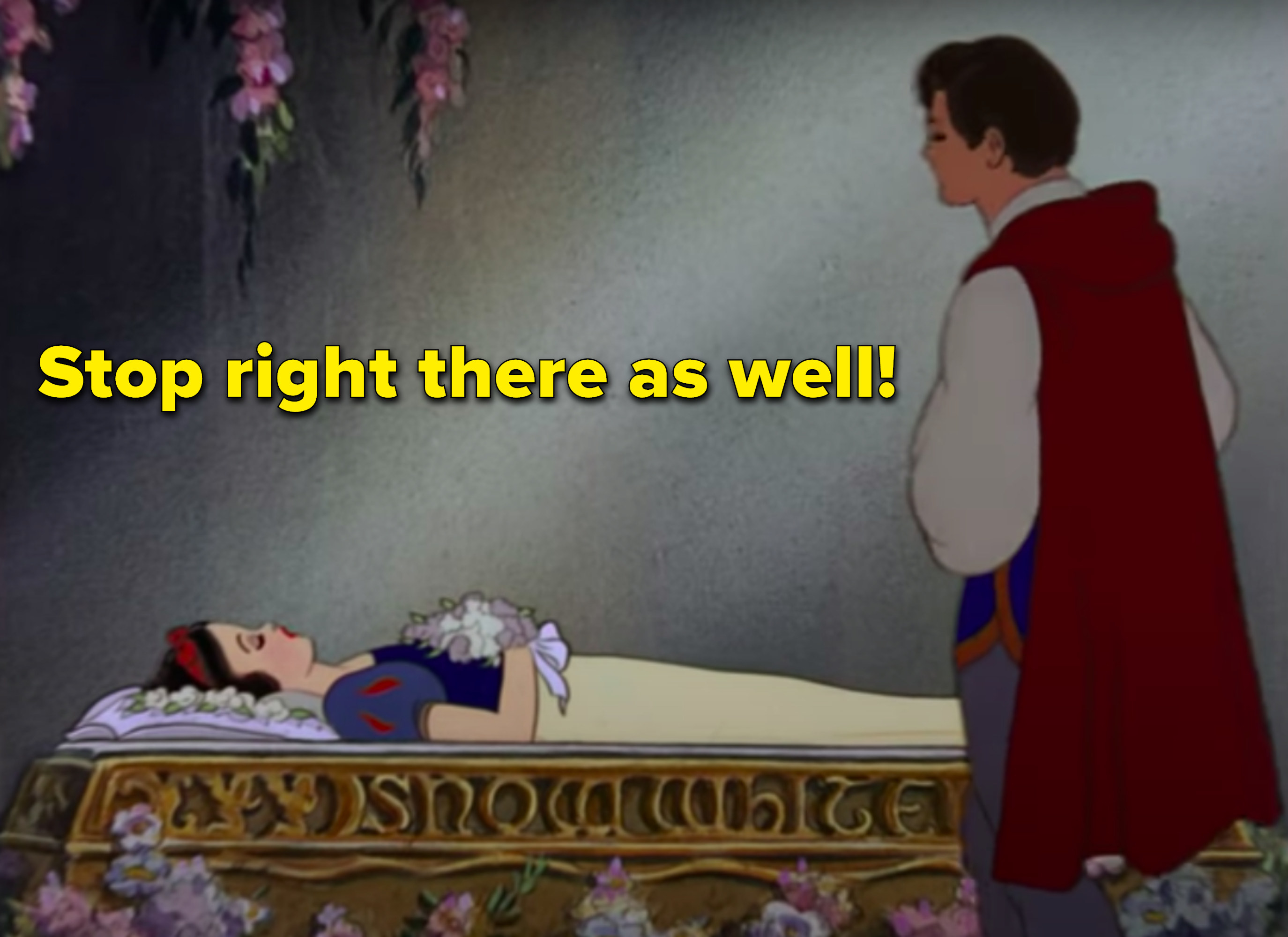 &quot;Stop right there as well&quot; written next to the Prince standing near Snow White 