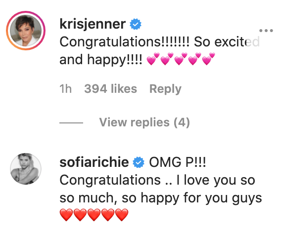 Kris Jenner and Sofia Richie posted their congratulations