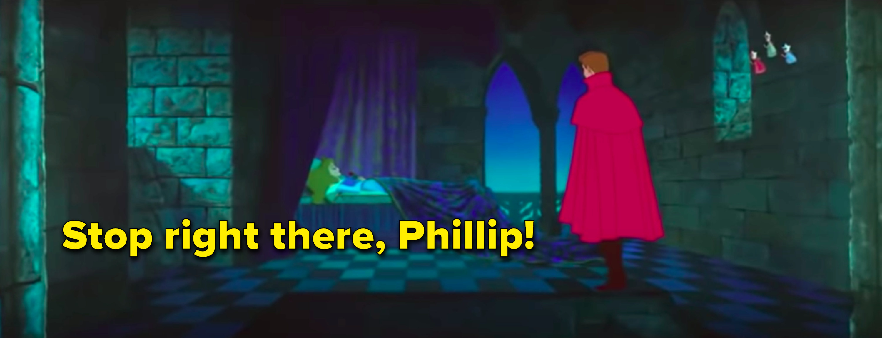 &quot;Stop right there, Phillip&quot; written next to Phillip walking up to sleeping Aurora