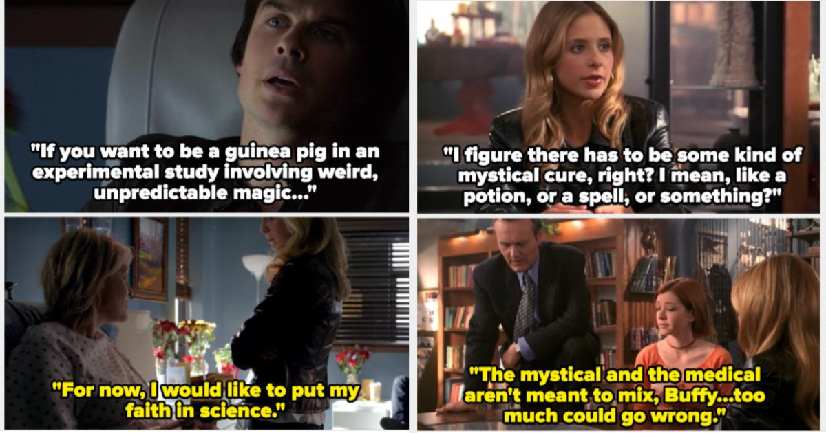 Damon talking about how it&#x27;s not a good idea to use experimental magic on Liz, and Giles saying the same about Joyce