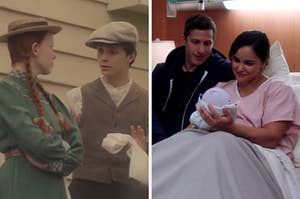 On the left, Anne and Gilbert from "Anne With an E" talking outside, and on the right, Jake and Amy from "Brooklyn Nine-Nine" holding their baby