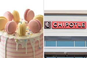 A cake with different colored macaroons on it and the restaurant Chipotle.