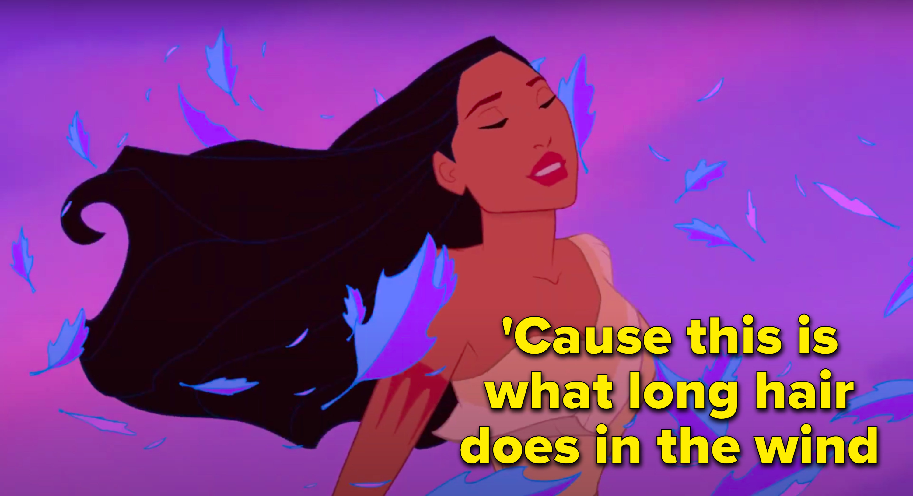 &quot;&#x27;Cause this is what long hair does in the wind&quot; written next to Pocahontas with lovely hair in the wind