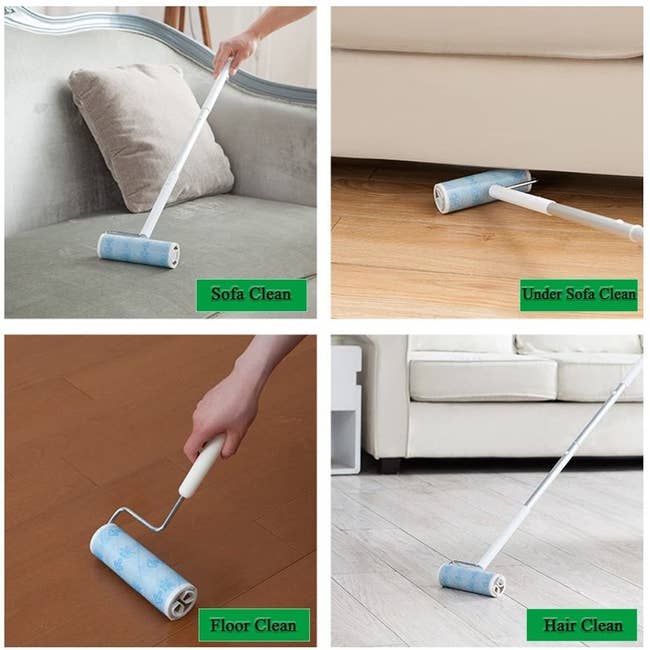 The lint roller being used in four different ways. Once on the sofa, one under the sofa on the hardwood floor, on the floor with the short handle, and again with the long handle. 