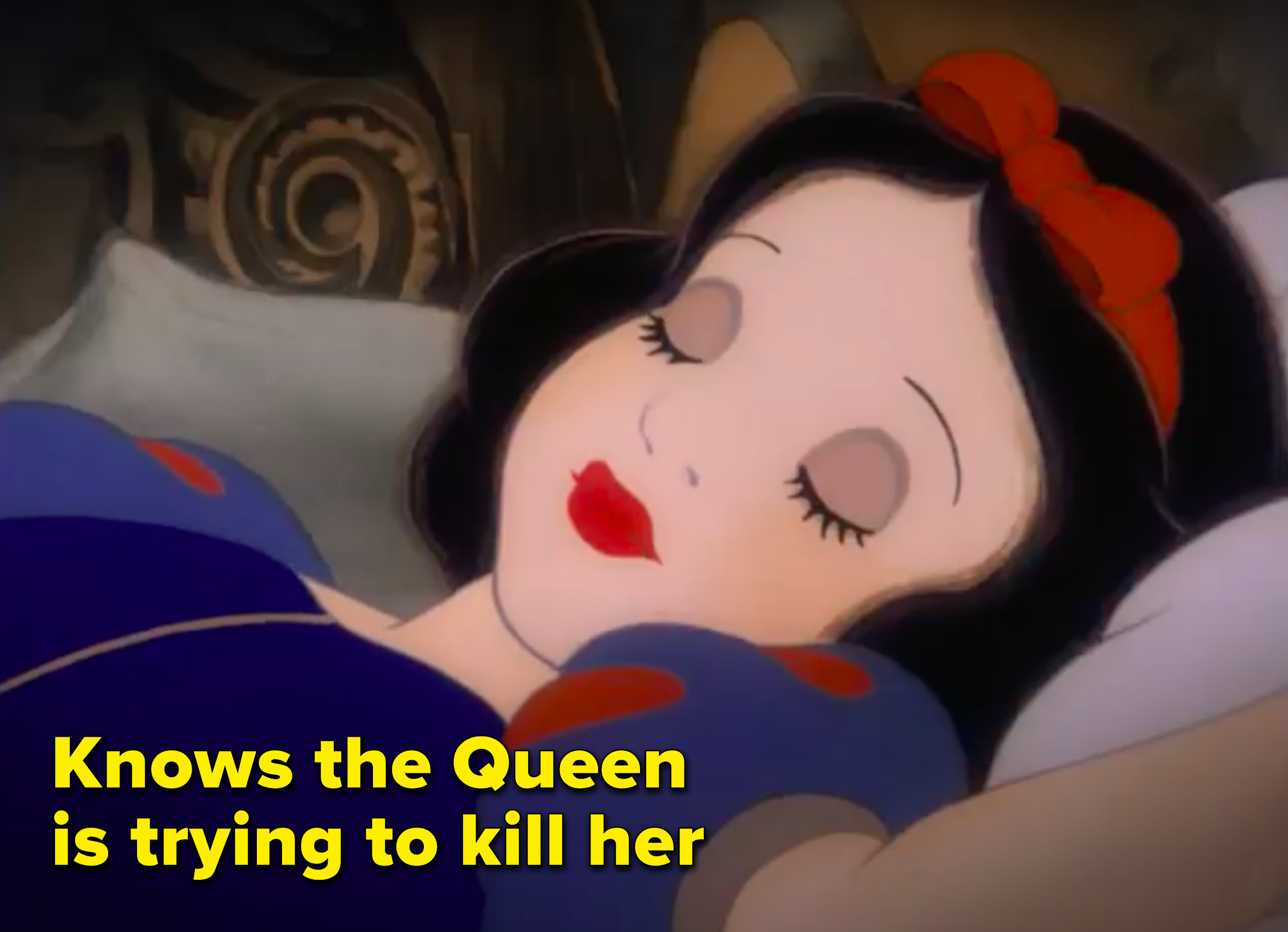 &quot;Knows the Queen is trying to kill her&quot; written next to Snow White sleeping peacefully