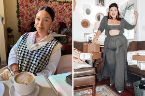 (left) Houndstooth sweater vest (right) Three-piece grey lounge set