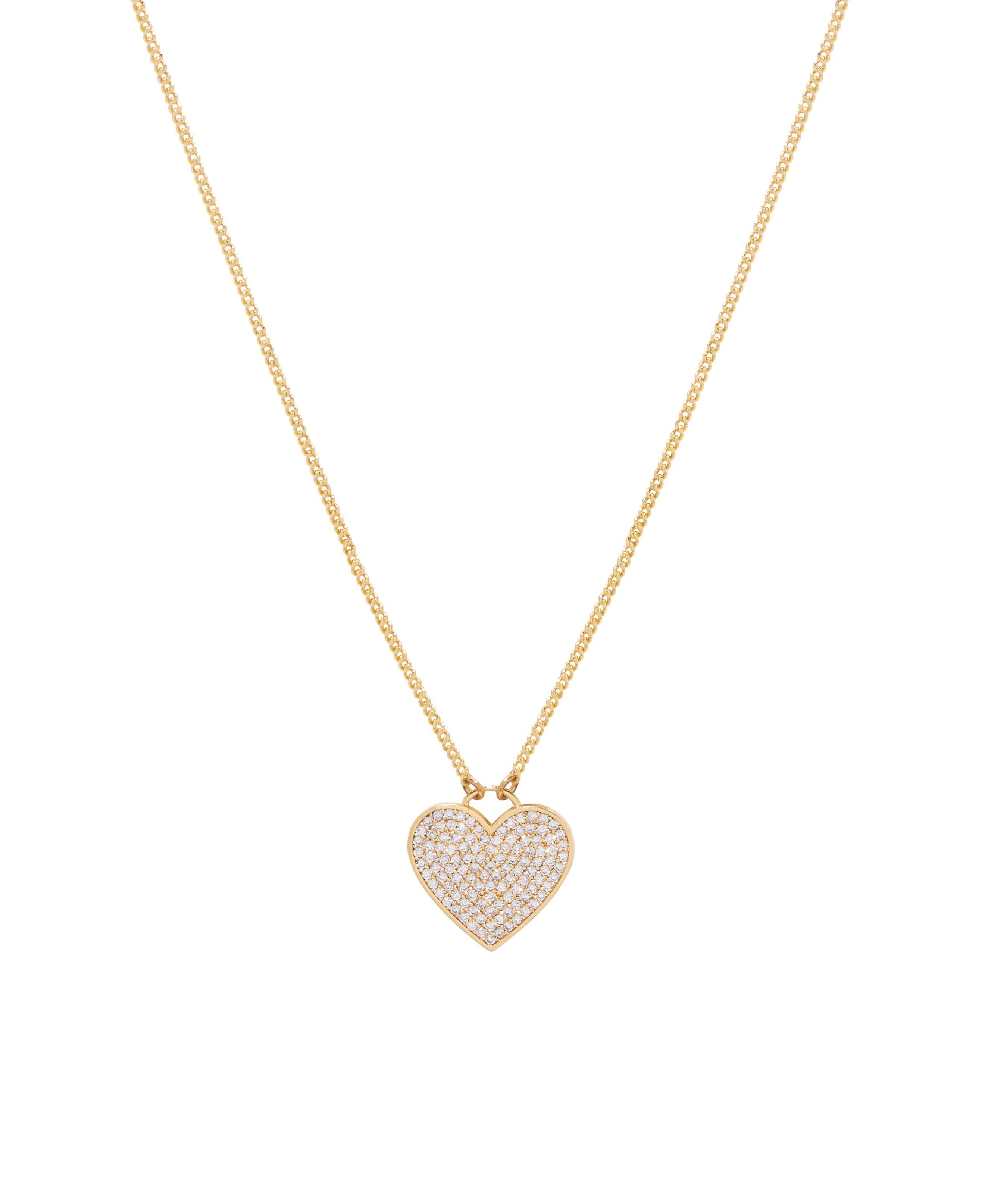 gold necklace with a shimmery heart pendant on the bottom