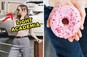 On the left, someone posing near the water wearing sunglasses, high-waisted pants, and a turtleneck with an arrow pointing to them and "Light Academia" typed next to them, and on the right, someone holding a strawberry donut with sprinkles
