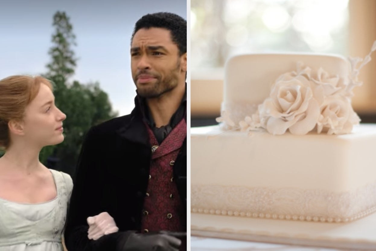 Phoebe Dynevor as Daphne Bridgerton and Regé-Jean Page as Simon Basset in the show &quot;Bridgerton&quot; and a two tier wedding cake with flowers on it. 