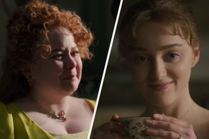 Penelope crying and Daphne smiling on "Bridgerton"