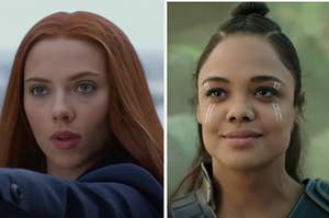 Black Widow is on the left with Valkyrie on the right smiling