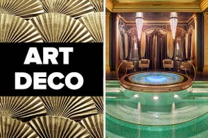 "Art Deco" over golden metal, next to a luxury indoor pool