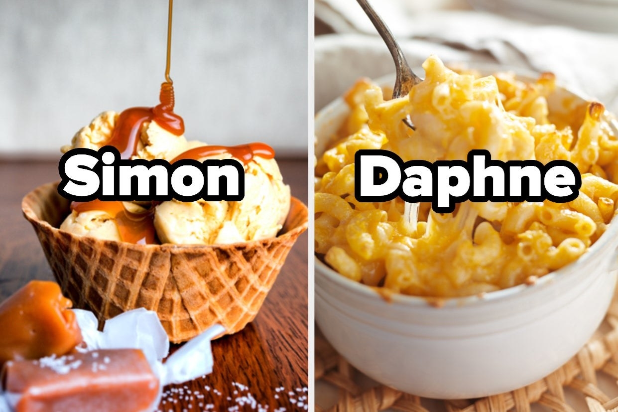 Ice cream with caramel sauce with the word &quot;Simon&quot; and mac and cheese with the word &quot;Daphne&quot; 