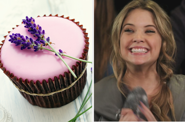 A lavender cupcake on the left and hanna marin on the right