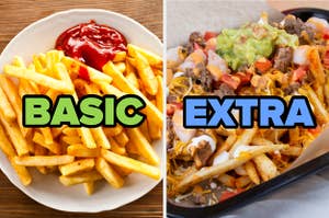 French fries with ketchup titled "basic" and loaded nacho fries titled "extra"