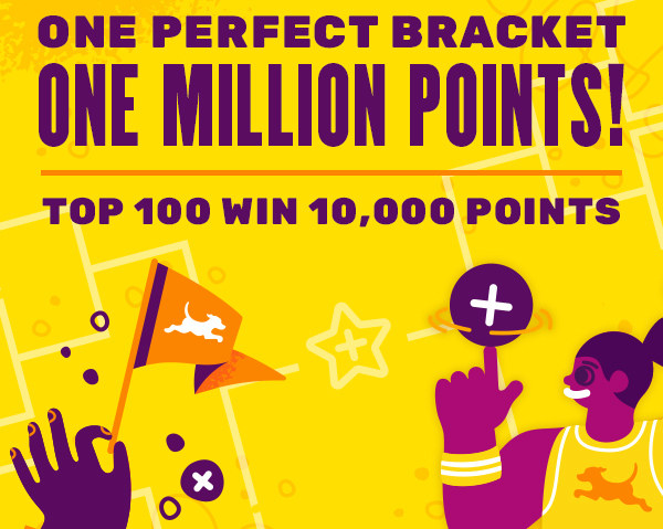 &quot;One perfect bracket, one million points! Top 100 win 10,000 points.&quot; Illustrated hand waving a flag with Fetch logo.