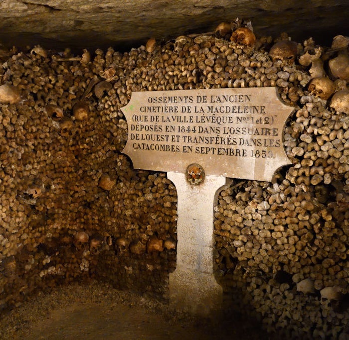 Skulls and bones in an underground cavern