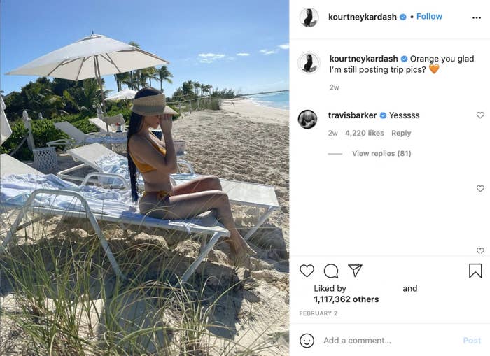 A bikini photo where Kourtney asks if everyone is glad she&#x27;s still posting vacation photos and Travis responds by saying Yessss