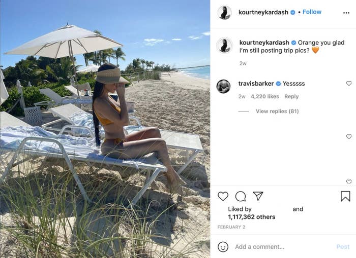 A bikini photo where Kourtney asks if everyone is glad she's still posting vacation photos and Travis responds by saying Yessss
