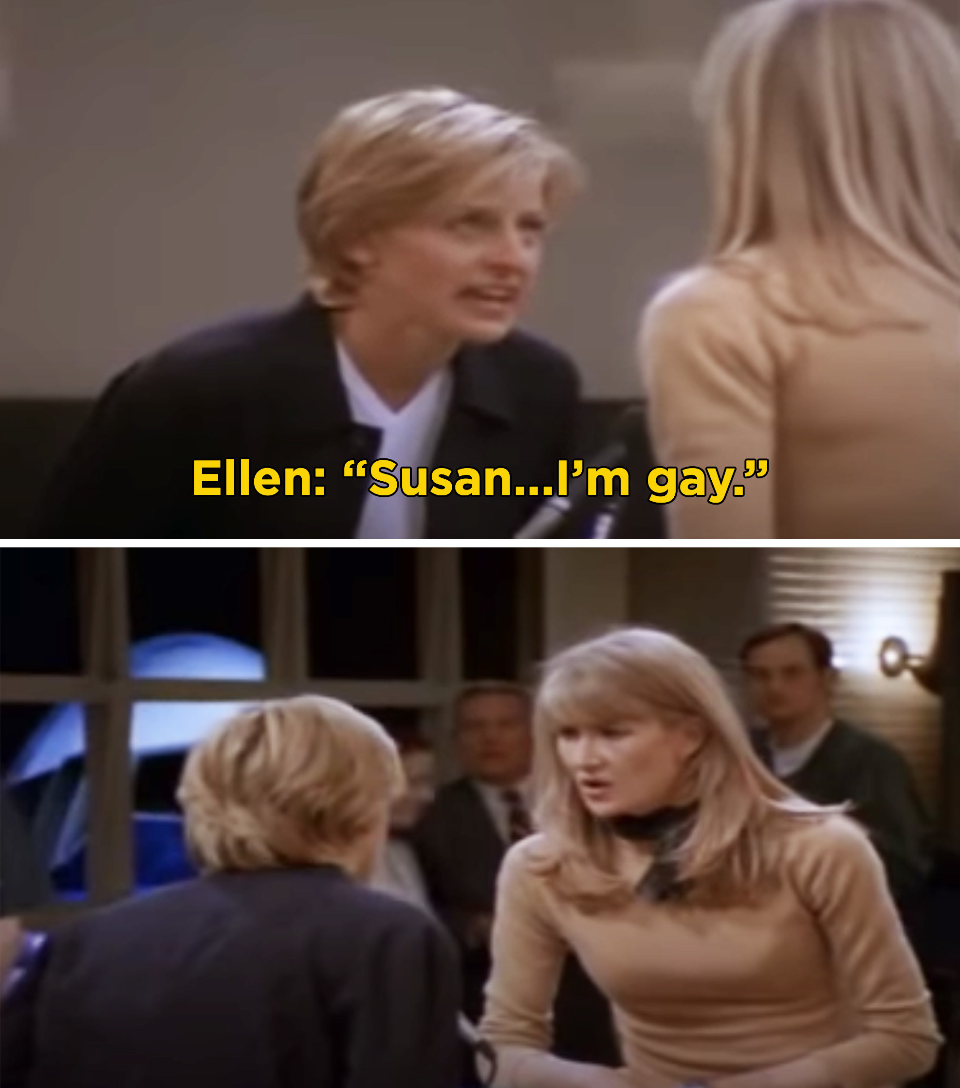 Ellen saying, &quot;Susan...I&#x27;m gay&quot; into the loudspeaker at the airport