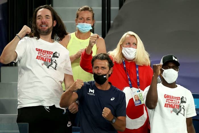 Alexis Ohanian and coach Patrick Mouratoglou cheer on Serena Williams against Romania&#x27;s Simona Halep during their women&#x27;s singles quarter-final match on day nine of the Australian Open tennis tournament 
