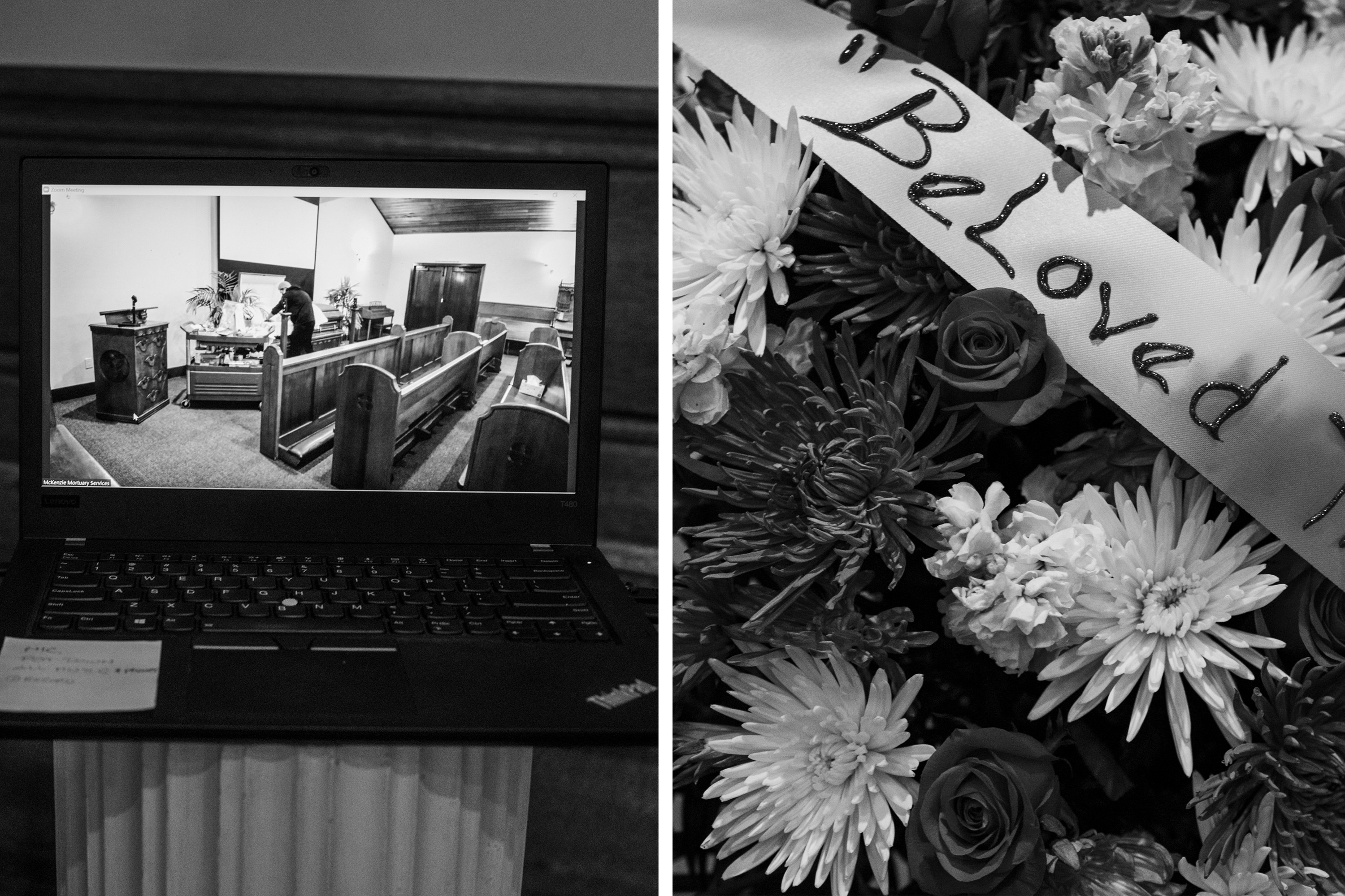 A funeral service is seen on a laptop and a bouquet of roses