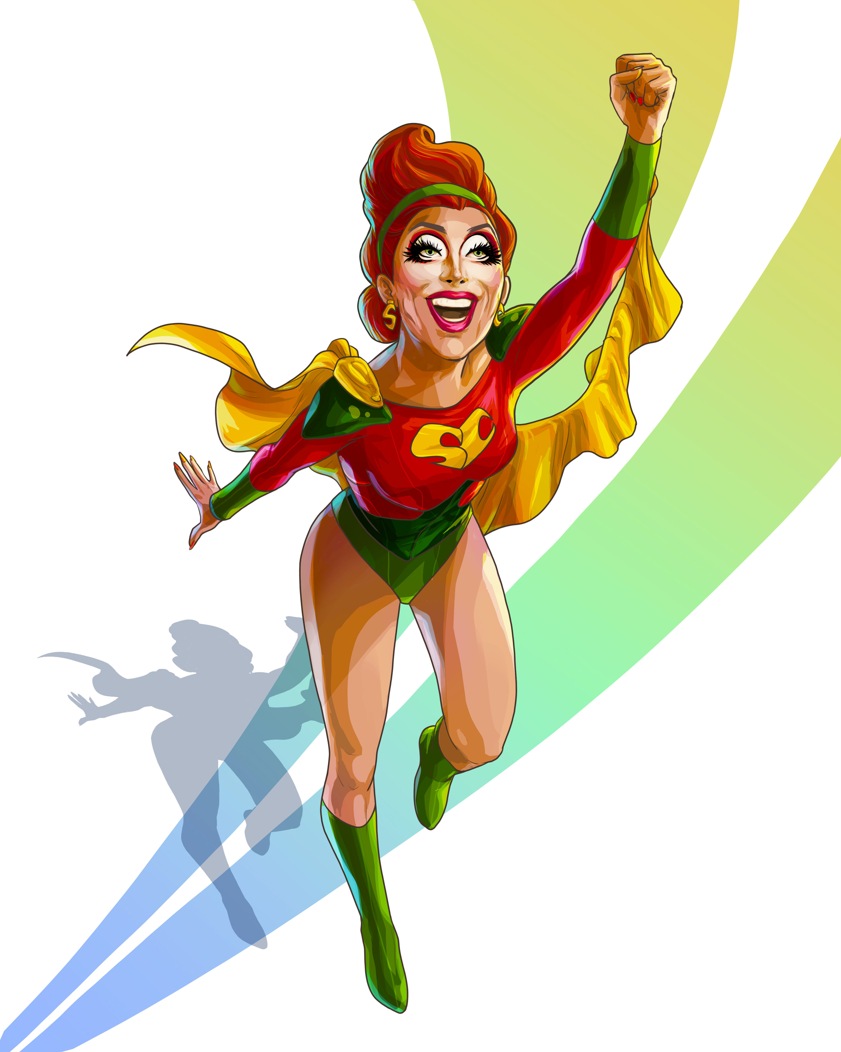 A cartoon drawing of Bianca as her superhero taking flight 