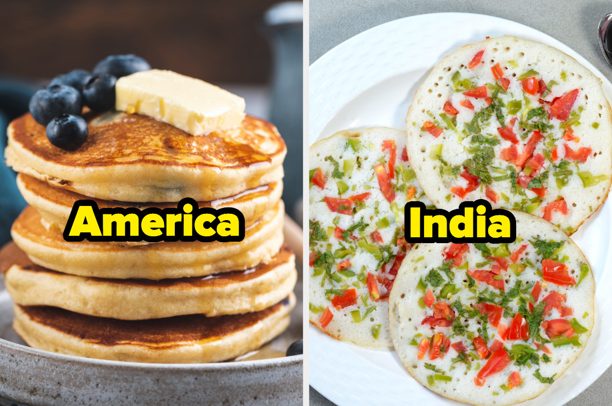 Stack of thick American pancakes in one photo; plate of thin Indian pancakes in other photo