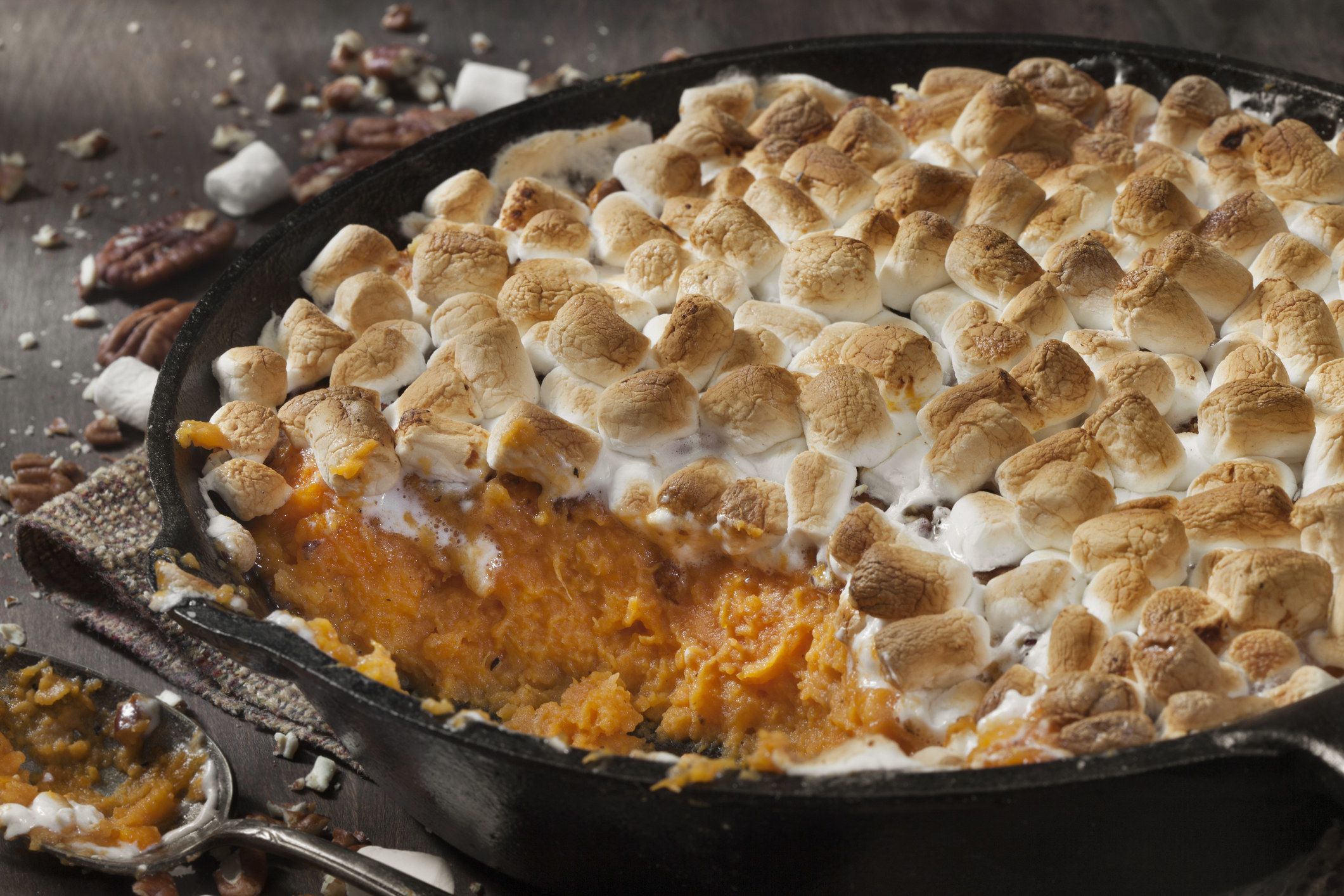 Sweet potato pie with thick topping of marshmallows