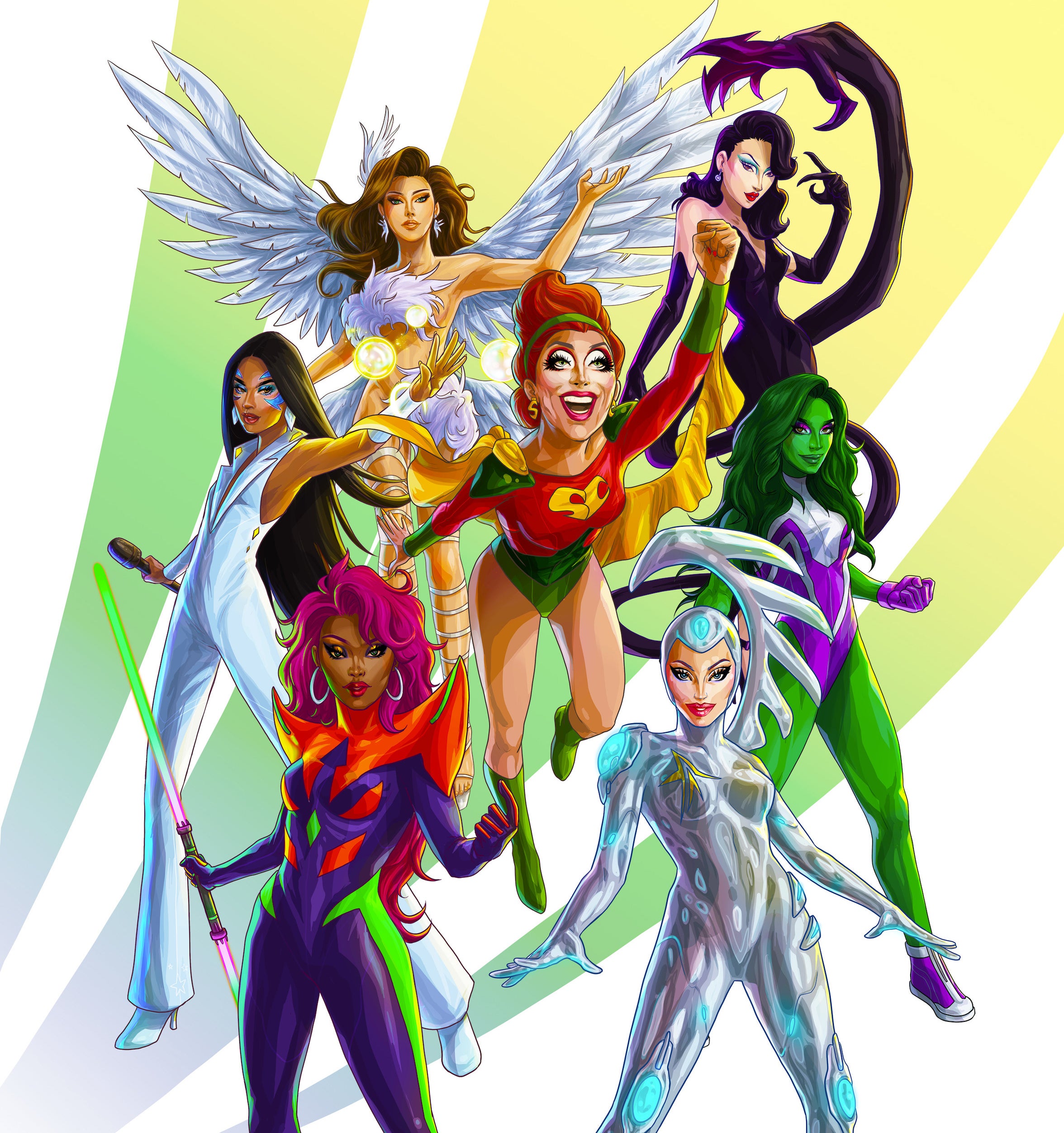 A comic/cartoon style drawing of the all the queens from the tour