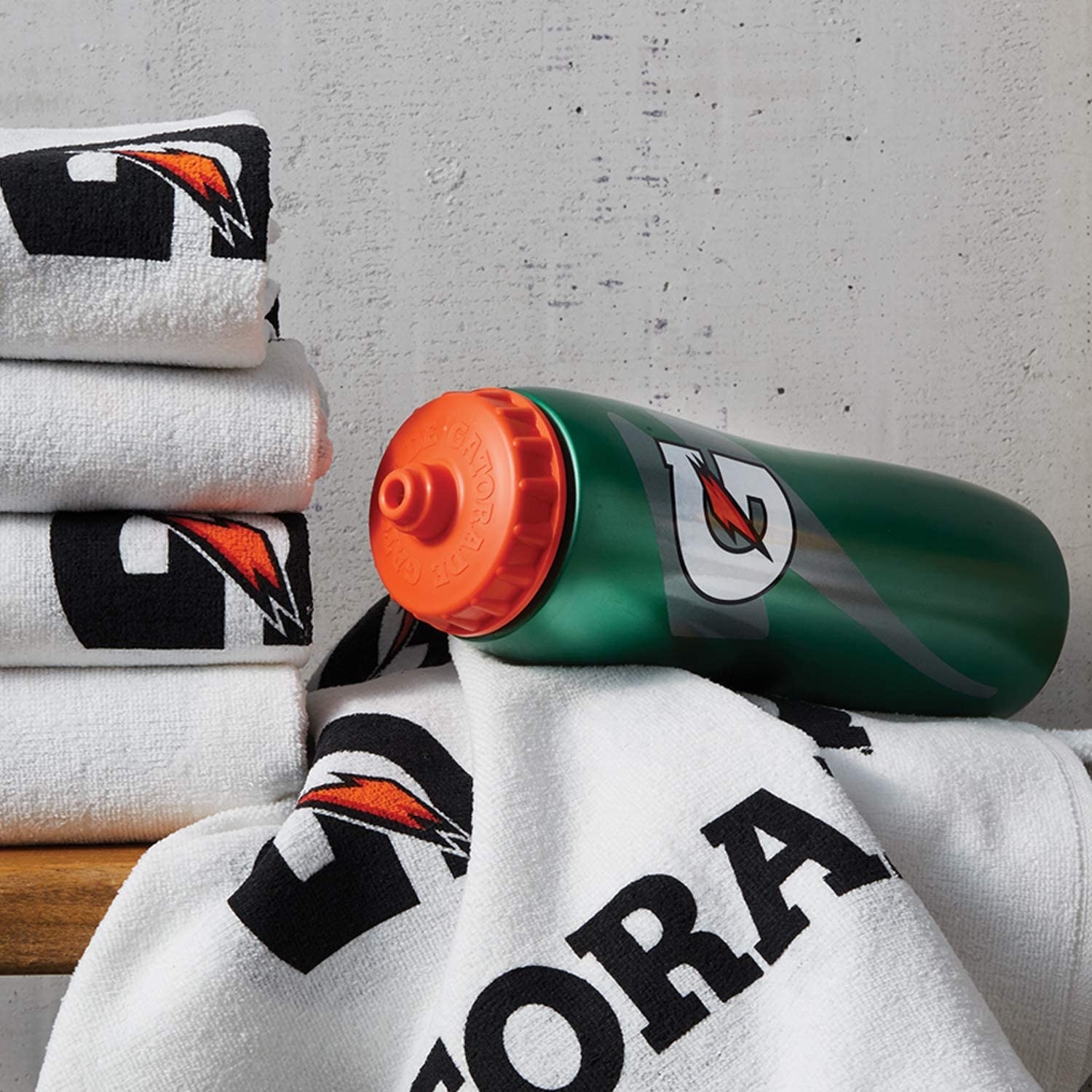Gatorade squeeze water bottle styled in a locker room
