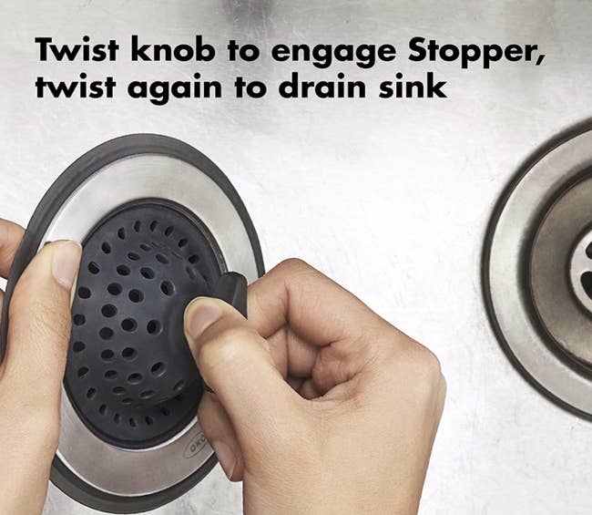 person using silicone sink strainer and stopper and it says 