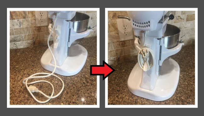 A white cord organizer attached to the back of a white Kitchen-Aid mixer with the cord wrapped around it 