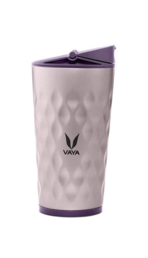 White insulated flask with purple accent designs.