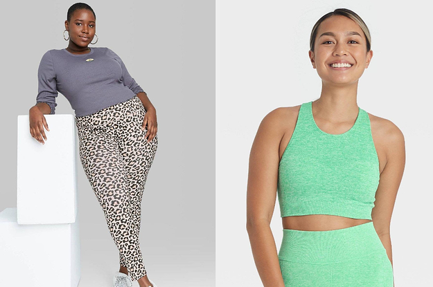 model in leopard leggings and model in green sports bra