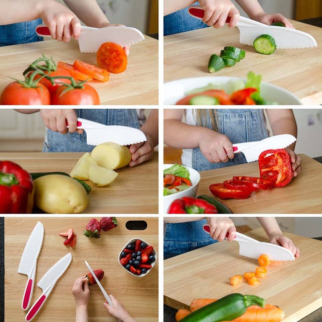 Three child-sized safety knives with a kid cutting potatoes, peppers, carrots, tomatoes, and cucumber 