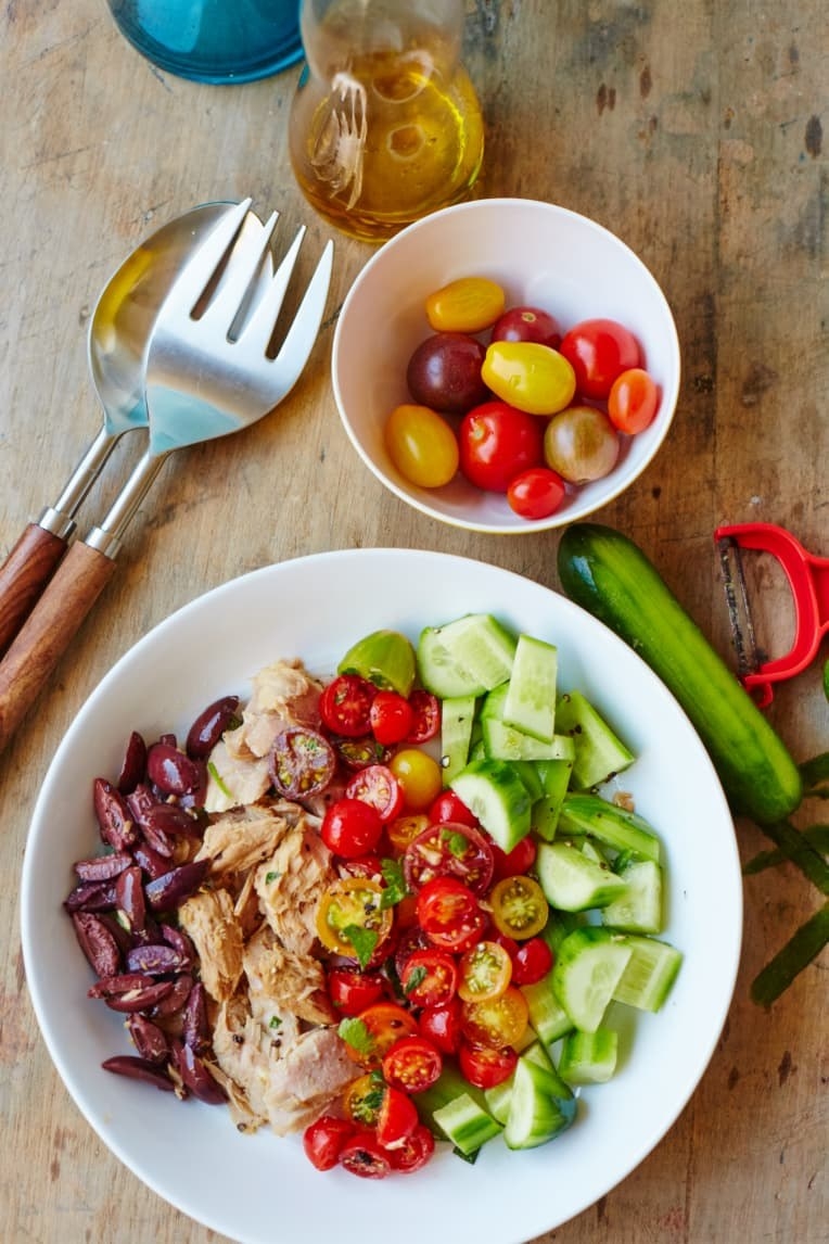 Tuna salad, cucumbers, and tomato salad