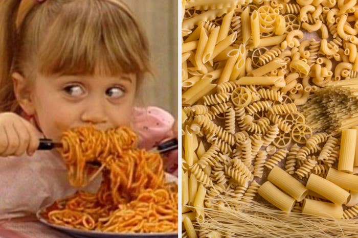 Michelle from &quot;Full House&quot; eating spaghetti and dry pasta shapes 