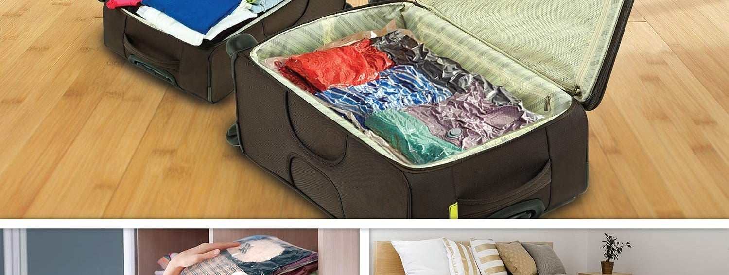 Two images showing neatly stored clothes in the vacuum-seal bags 