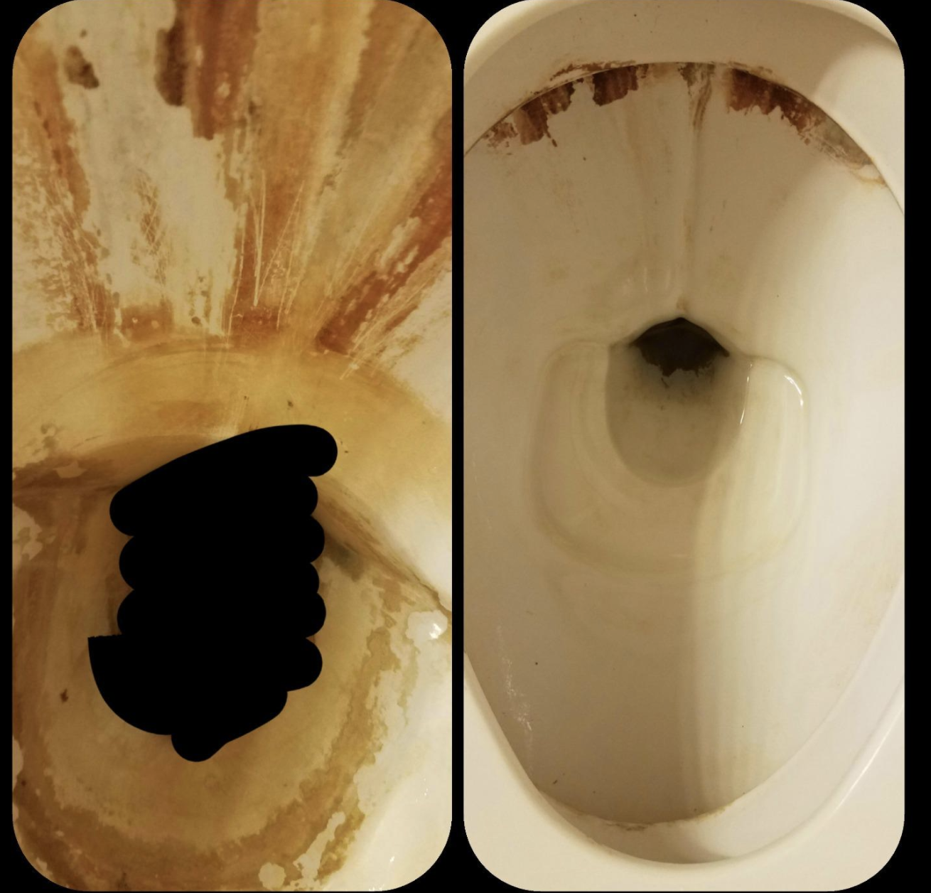 on the left, a reviewer&#x27;s toilet looking really gross and dirty, and on the right, the toilet is almost entirely clean