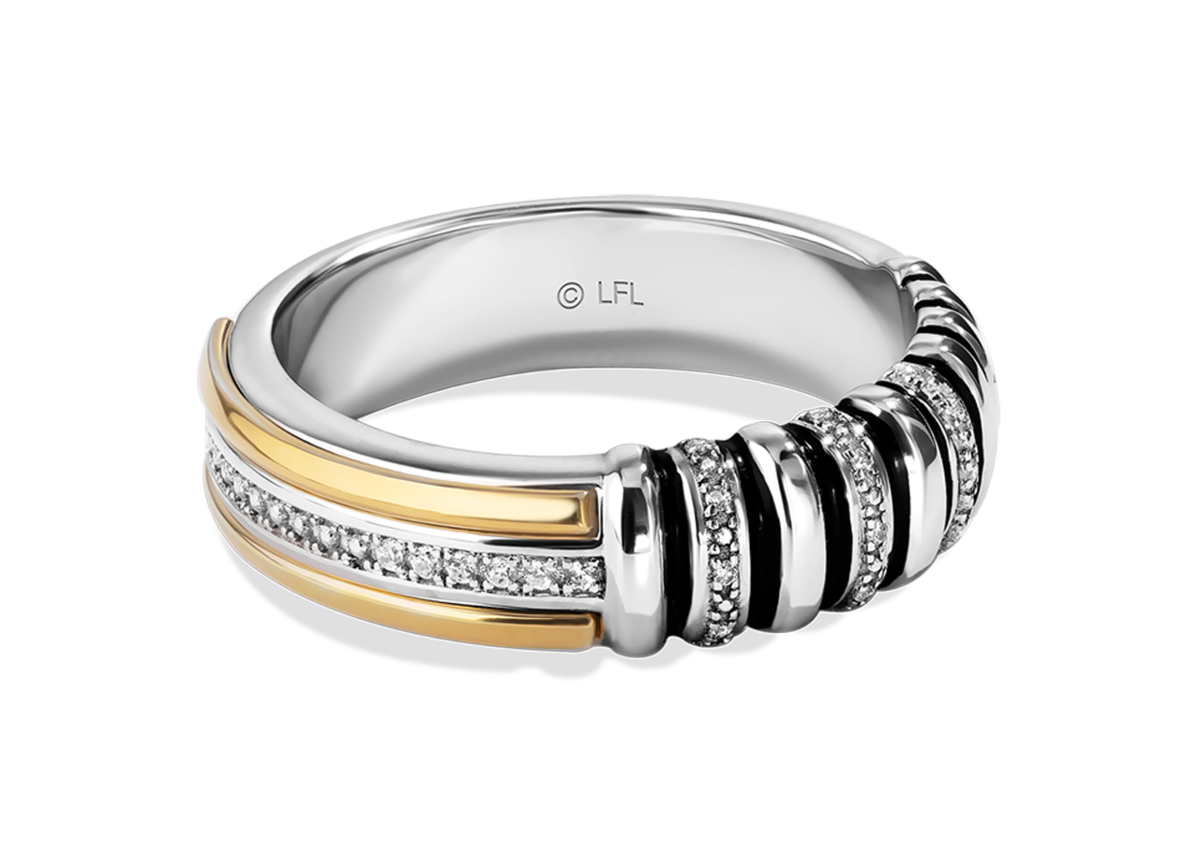A gold and silver ring detailed with shapes from the hilt of a lightsaber and detailed with white diamond 