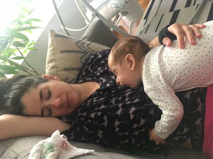 Loryn and baby sleeping on couch